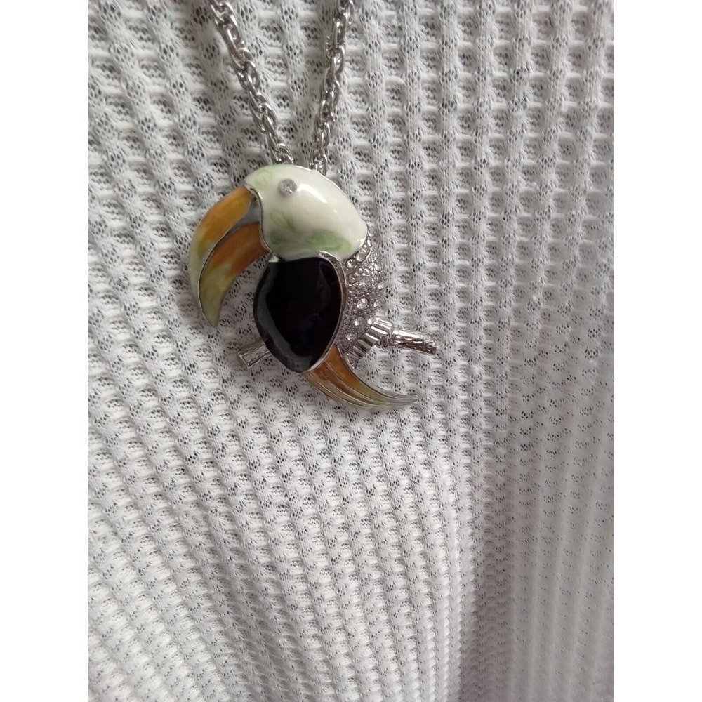 Toucan‎ Bird Pendant Necklace Silver Tone Enamel Rhinestone Tropical Jewelry